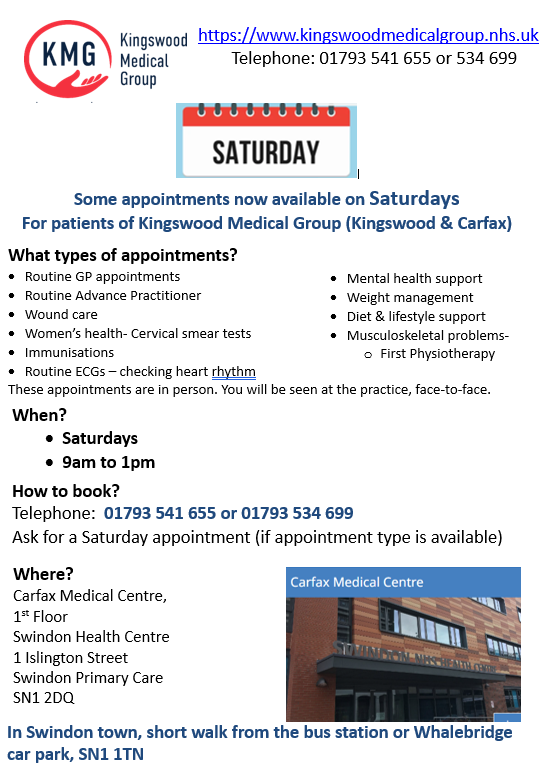Saturday appointments flyer Carfax Medical Centre, 1st Floor, 1 Islington Street, SN1 2DQ