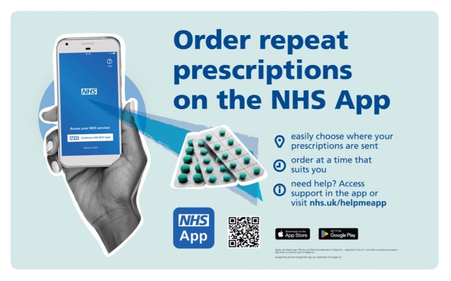 Order repeat prescriptions on the NHS App. Easily choose where prescriptions are sent, order at a time to suit you, if you need help access support in the app or visit nhs.uk/helpmeapp